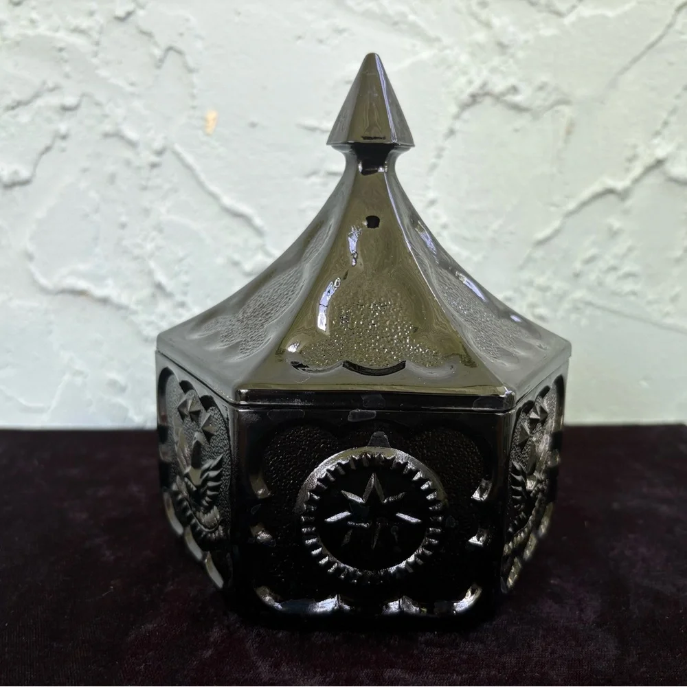 INDIANA Black Amethyst Glass Colonial Hexagonal Lidded Dish - Picture 2 of 6